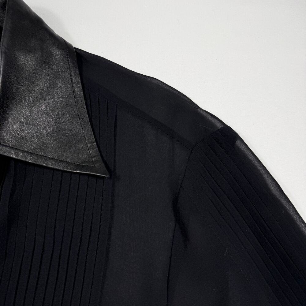 SAGAIE 90s VTG Paris black sheer long-sleeve tuxedo-style blouse leather trim - Picture 6 of 15